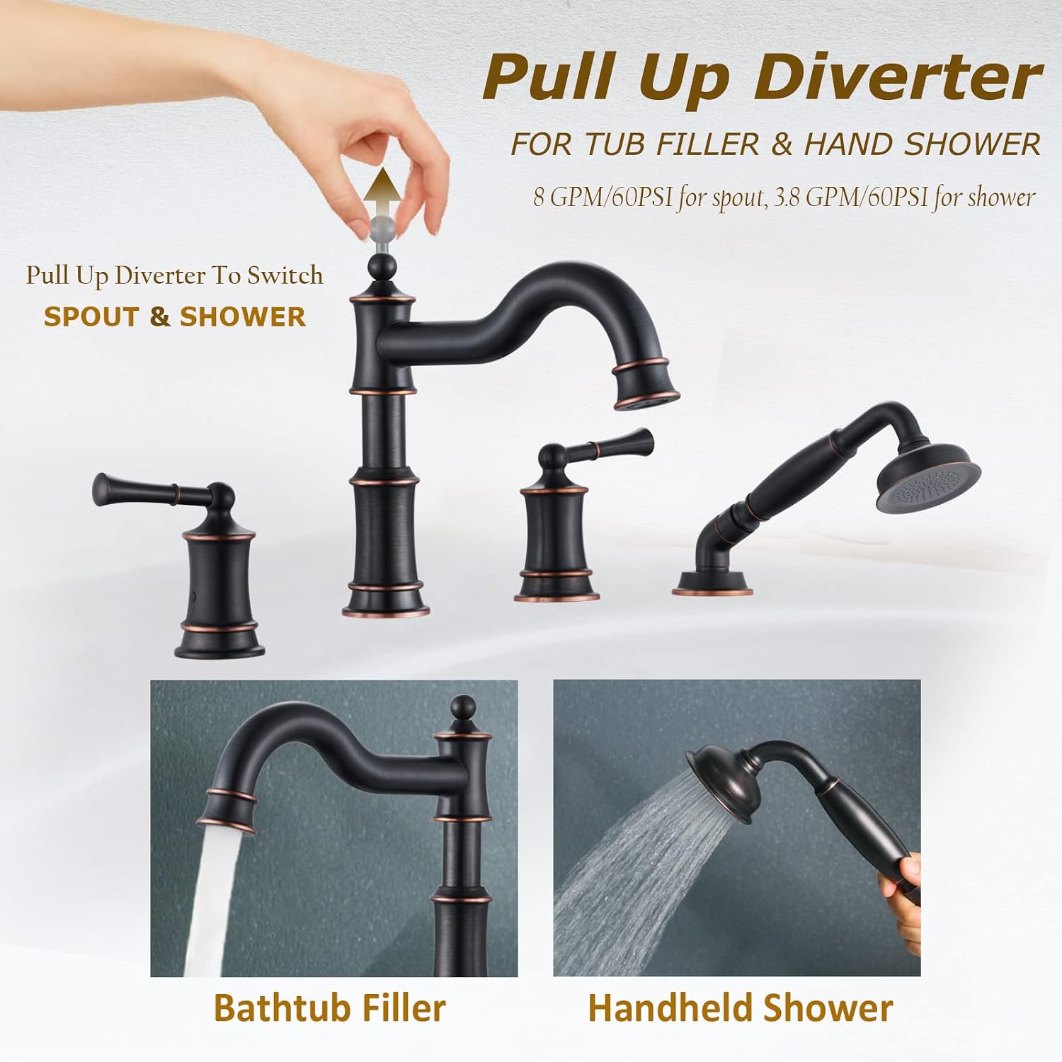 Roman Bathtub Faucet Set With Hand Shower 4 Hole Deck Mount Tub Filler With Diverter, 2 Lever Handle Rough-in Valve and Water Supply Lines Included for Bathroom Tub, ORB
