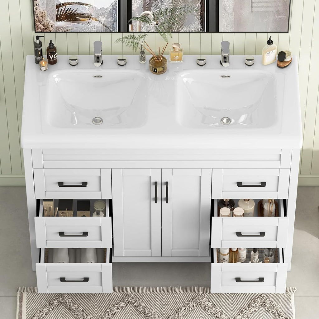 Bathroom Vanity with Double Sink, 48 inch Modern Bathroom Storage Cabinet with Undermount Ceramic Sink, Soft Closing Doors and 6 Drawers, White