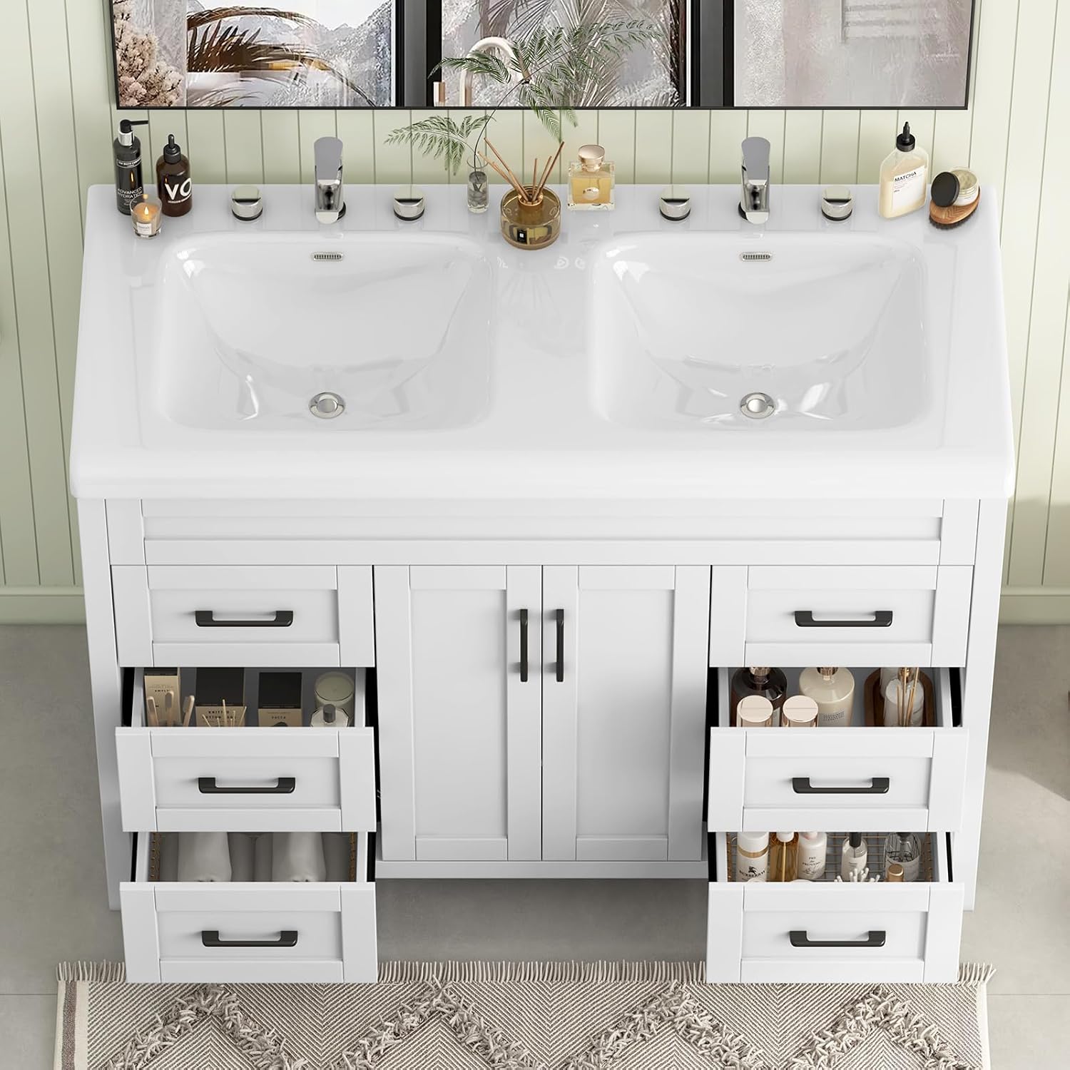 Bathroom Vanity with Double Sink, 48 inch Modern Bathroom Storage Cabinet with Undermount Ceramic Sink, Soft Closing Doors and 6 Drawers, White