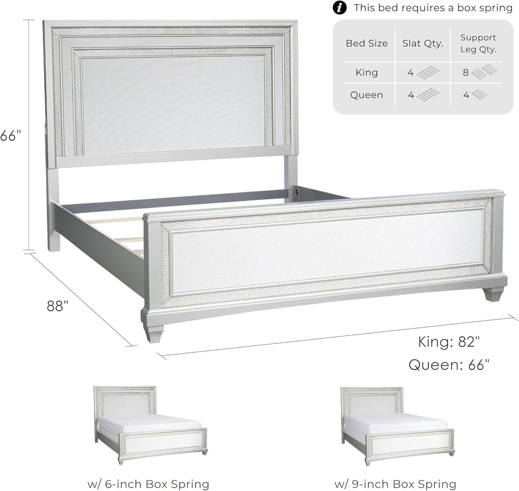 Furniture of America Silvia Glam Solid Wood 5-Piece Bedroom Set with Layered Frame Bed, Faux Crystal Trim LED on Nightstands and Dresser with Mirror, Box Spring Needed for Bedroom, King, Silver