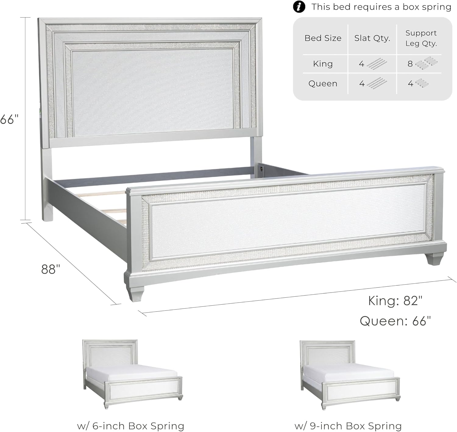 Furniture of America Silvia Glam Solid Wood 5-Piece Bedroom Set with Layered Frame Bed, Faux Crystal Trim LED on Nightstands and Dresser with Mirror, Box Spring Needed for Bedroom, King, Silver