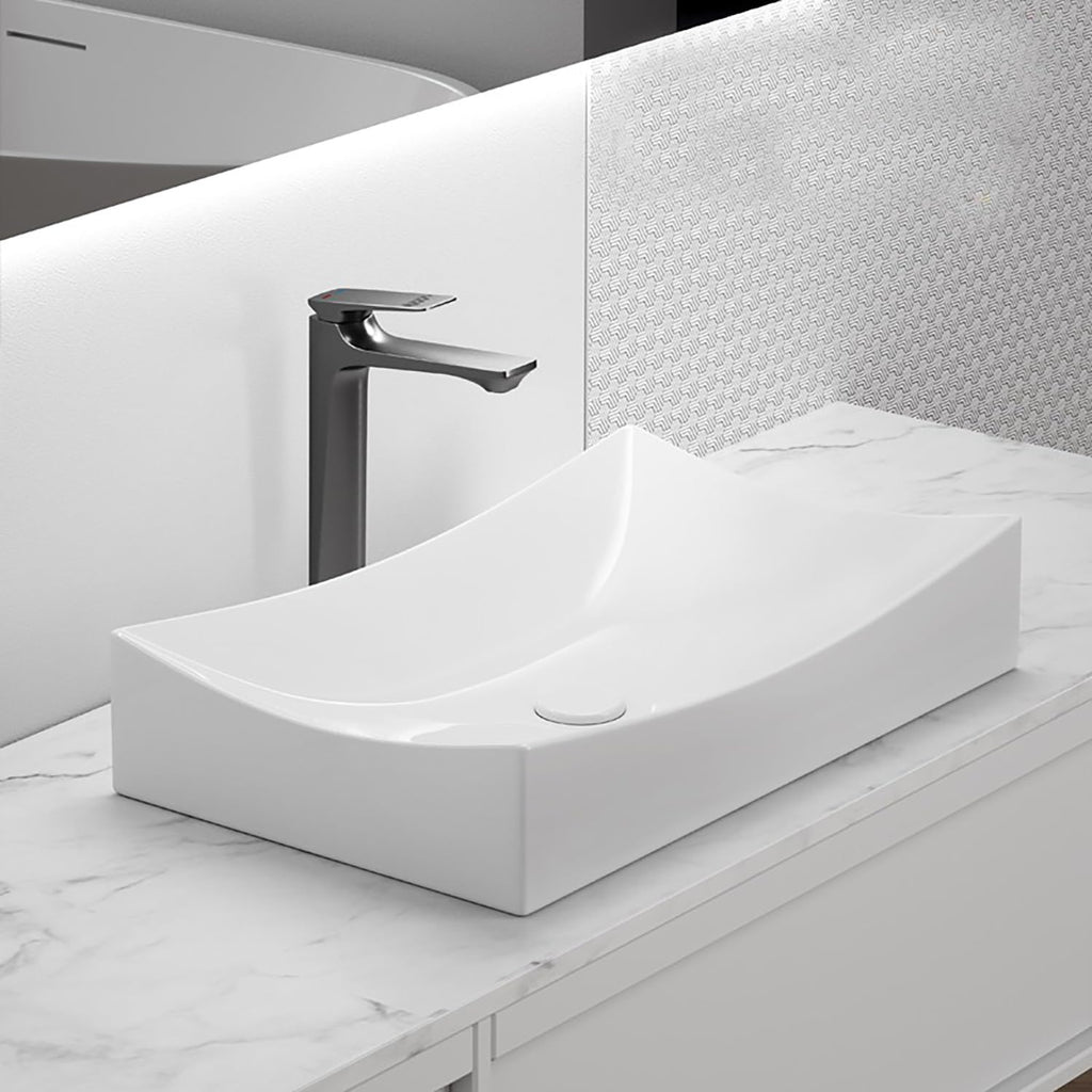 SouNor Small Rectangle Bathroom Sink Above Counter Square Basin Bowl Countertop Vessel 20'x15' Inches Modern Contemporary Porcelain Ceramic Wash Lavatory
