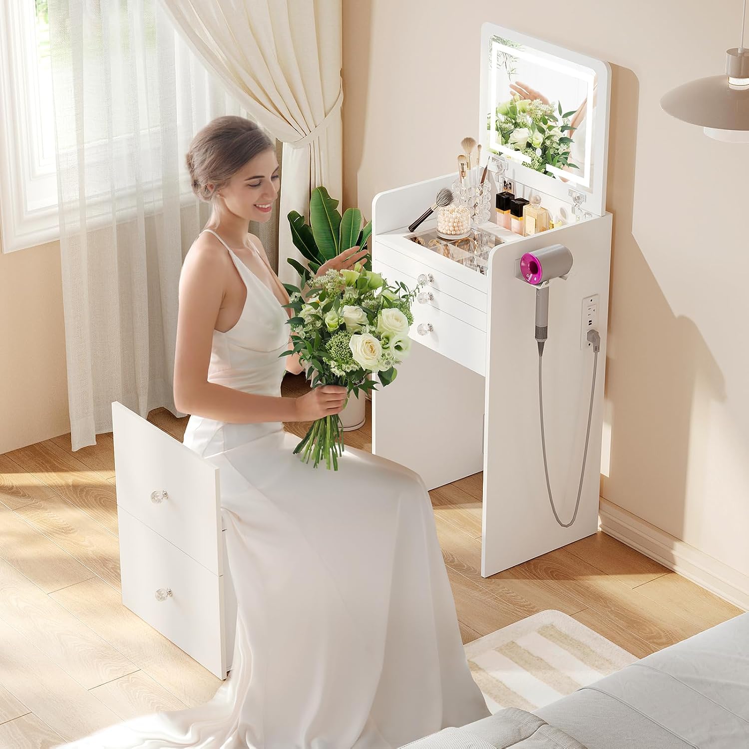 VOWNER 3-in-1 Vanity Desk with Flip Top LED Light Mirror and Glass Desktop, Small Makeup Vanity with 3 Drawers, Compact Dressing Table with Stool for Bedroom, White 19' L