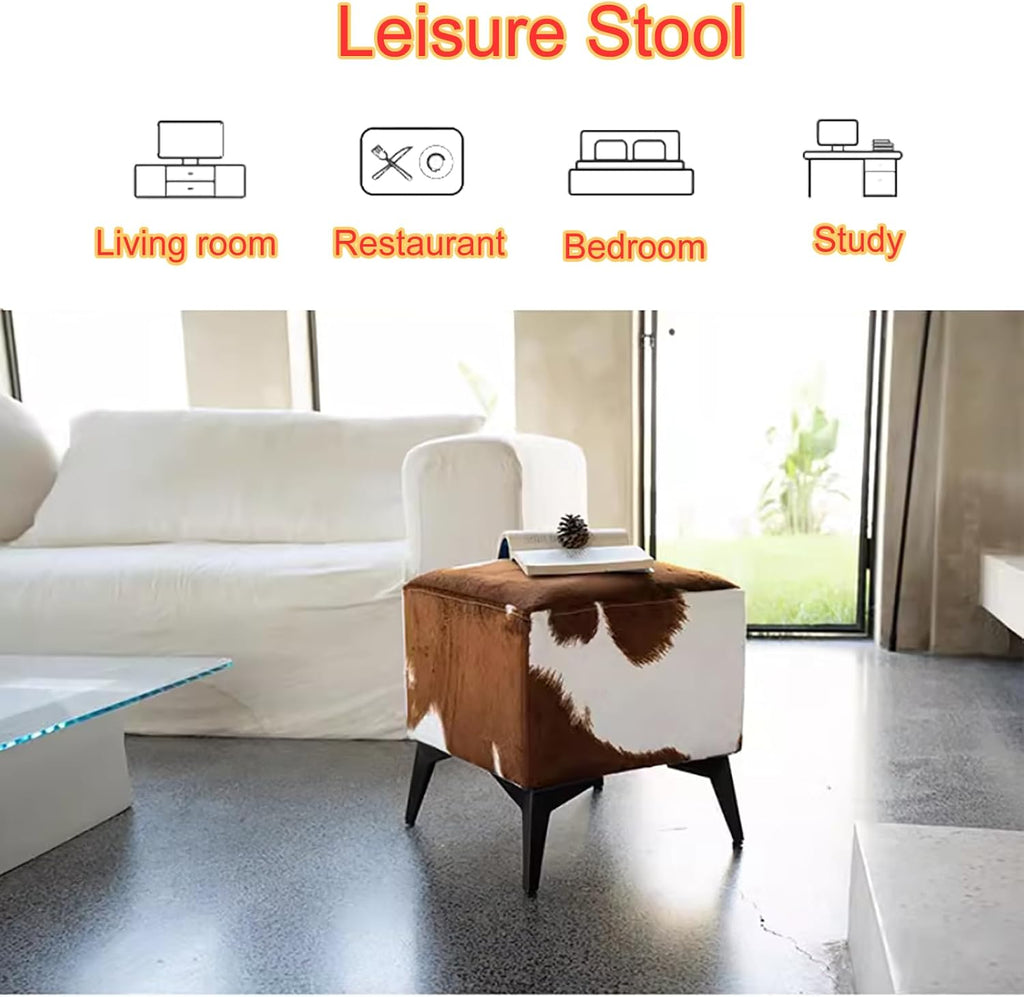 Square Footstool Ottoman,Vanity Stool Chair with Metal Leg,Furry Faux Cowhide Shoe Changing Bench for Vanity Entryway Bathroom Living Room Bedroom(17.3 * 15.7 * 15.7inch, Zebra)