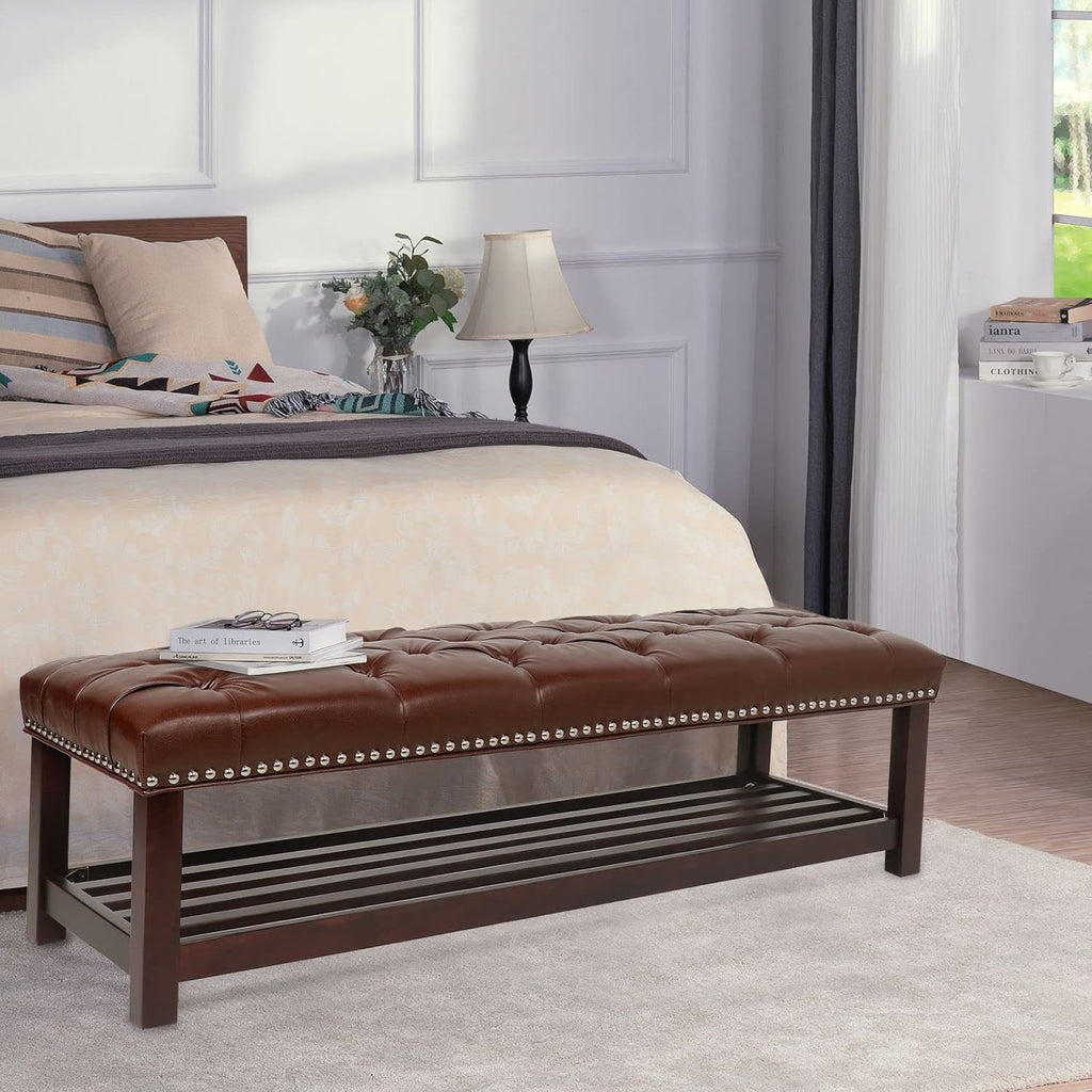 60in Button-Tufted Leather Indoor Bench, Brown Upholstered Shoe Bench Entryway, Bedroom Bench Seat, End of Bed Ottoman, Vanity Bench with Wooden Base Shoes Rack (Brown+Wooden)