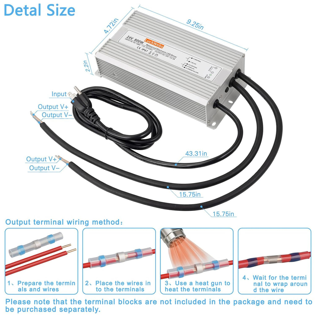 LED Driver 24V 800W Waterproof Power Supply AC 90-130V to DC 24V33.3A Switching Power Supply IP67 Low-Voltage Transformer Suitable for Outdoor LED Lighting Fixtures and Any 24V DC Equipment