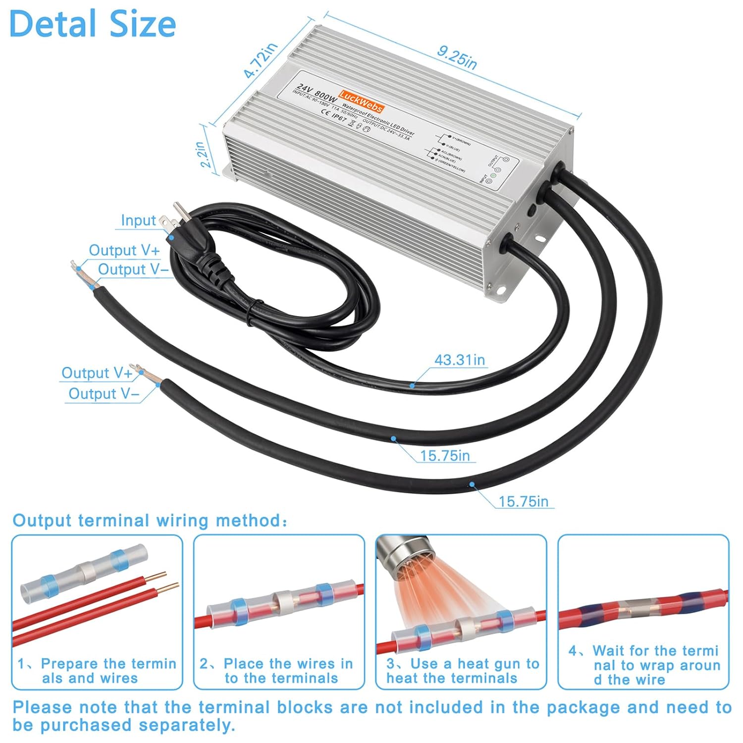 LED Driver 24V 800W Waterproof Power Supply AC 90-130V to DC 24V33.3A Switching Power Supply IP67 Low-Voltage Transformer Suitable for Outdoor LED Lighting Fixtures and Any 24V DC Equipment