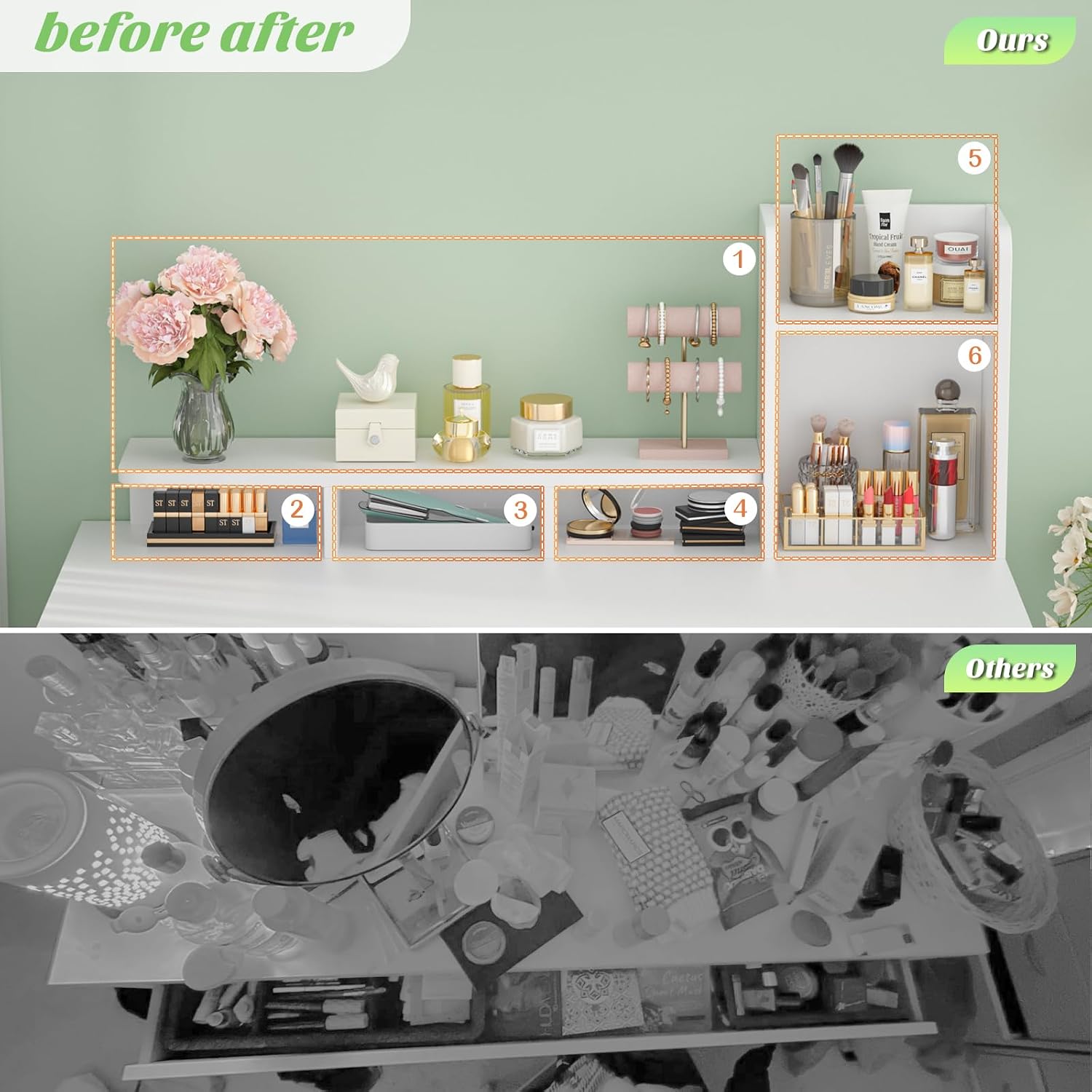Besiost Vanity Desk, Small Vanity Desk with Power Outlet, Makeup Desk with Drawers and Cabinets, Vanity Set with Storage Shelves for Bedroom, No Mirror, White