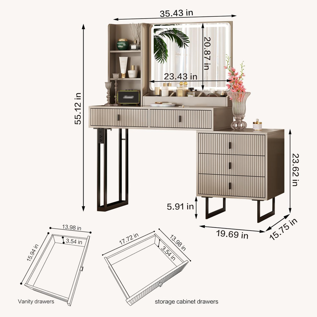 Ieejdn Large Vanity Desk with 3 Color Touch Screen Dimming Mirror, Vanity Desk with Charging Station, Modern Retractable Makeup Dressing Table, Makeup Table with Storage Shelves and 5 Sliding Drawers