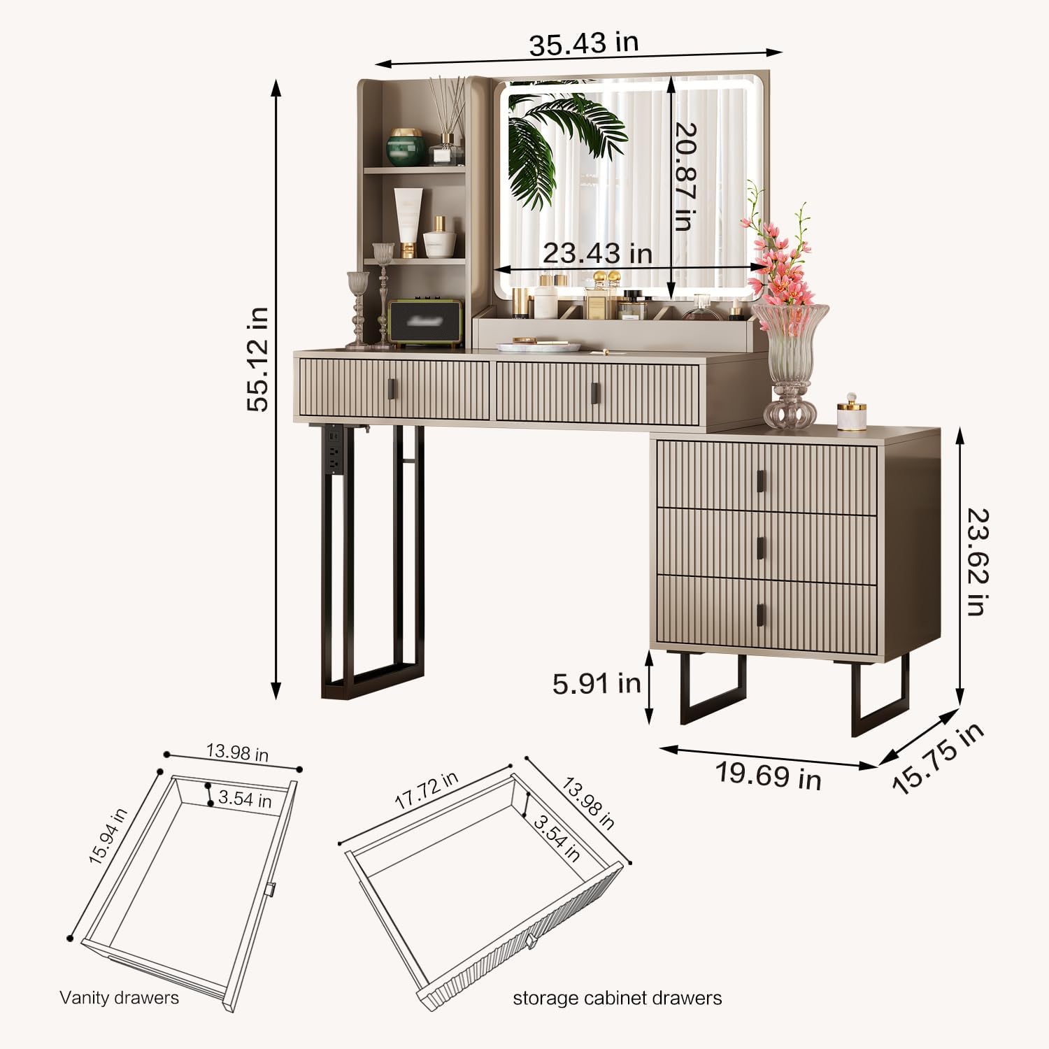 Ieejdn Large Vanity Desk with 3 Color Touch Screen Dimming Mirror, Vanity Desk with Charging Station, Modern Retractable Makeup Dressing Table, Makeup Table with Storage Shelves and 5 Sliding Drawers