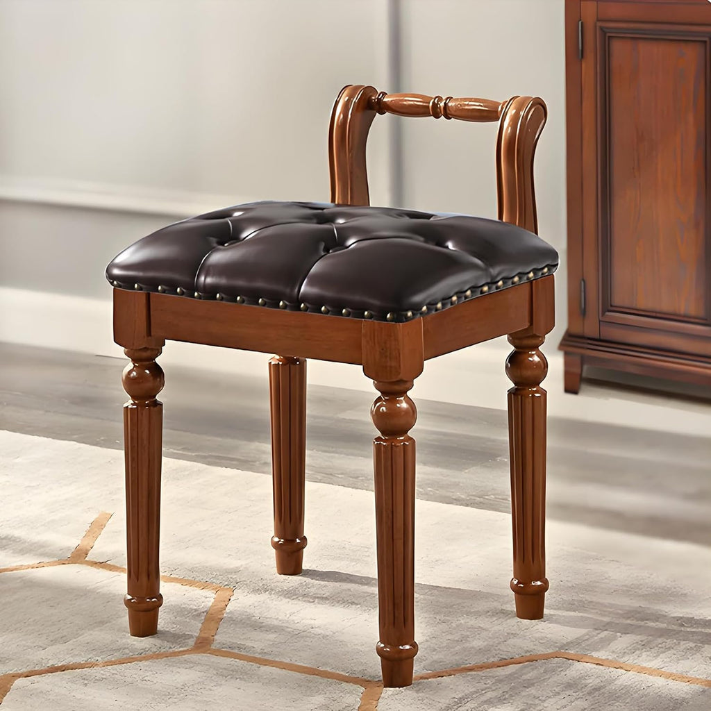 Domesto Low Back Vanity Bench Stool with Padded Cushion, Leather Retro Makeup Stool, Solid Wood Carving Legs Piano Bench (Walnut)