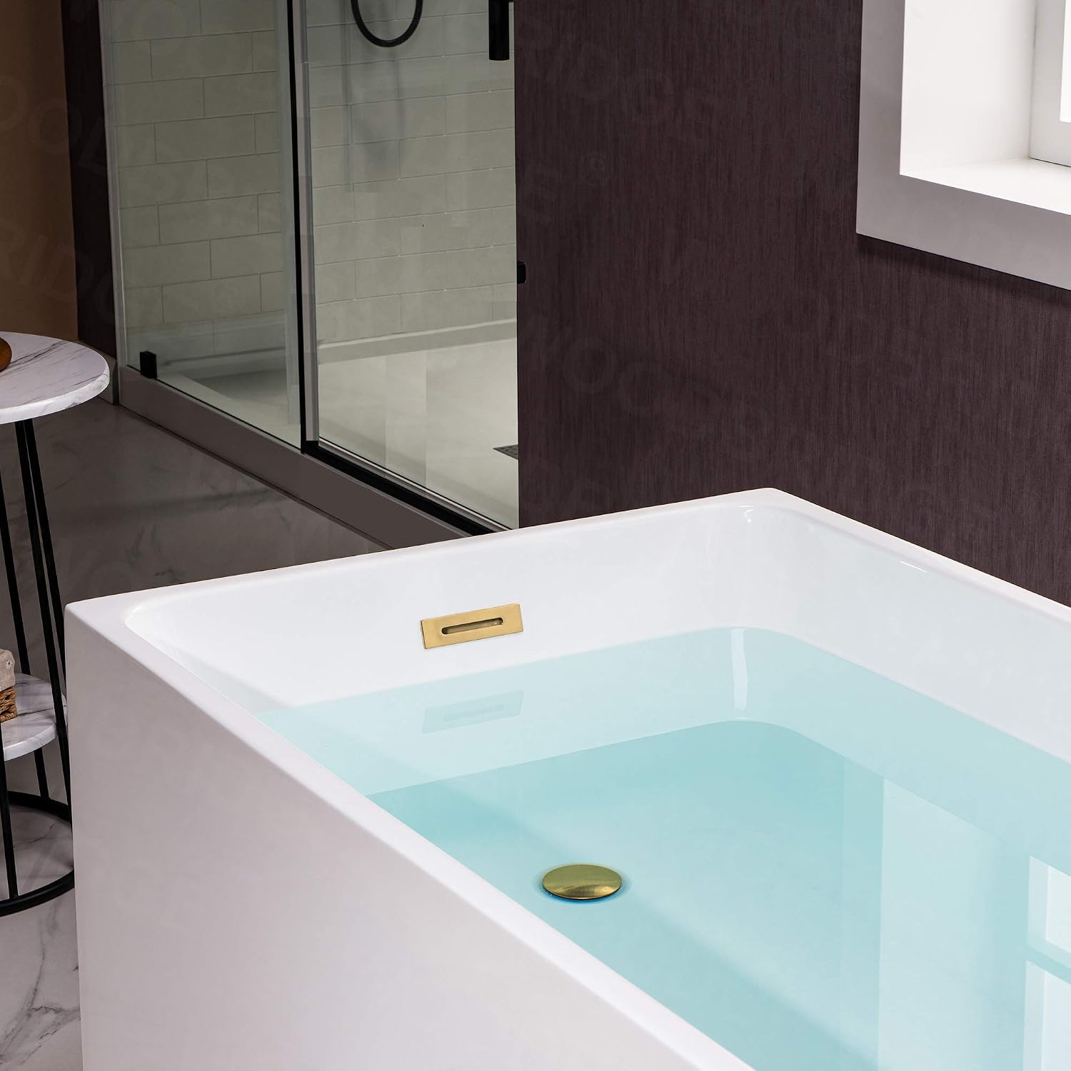 WOODBRIDGE 59' Acrylic Freestanding Bathtub Contemporary Soaking White Tub with Brushed Gold Overflow and Drain，B0085-BG-Drain&O