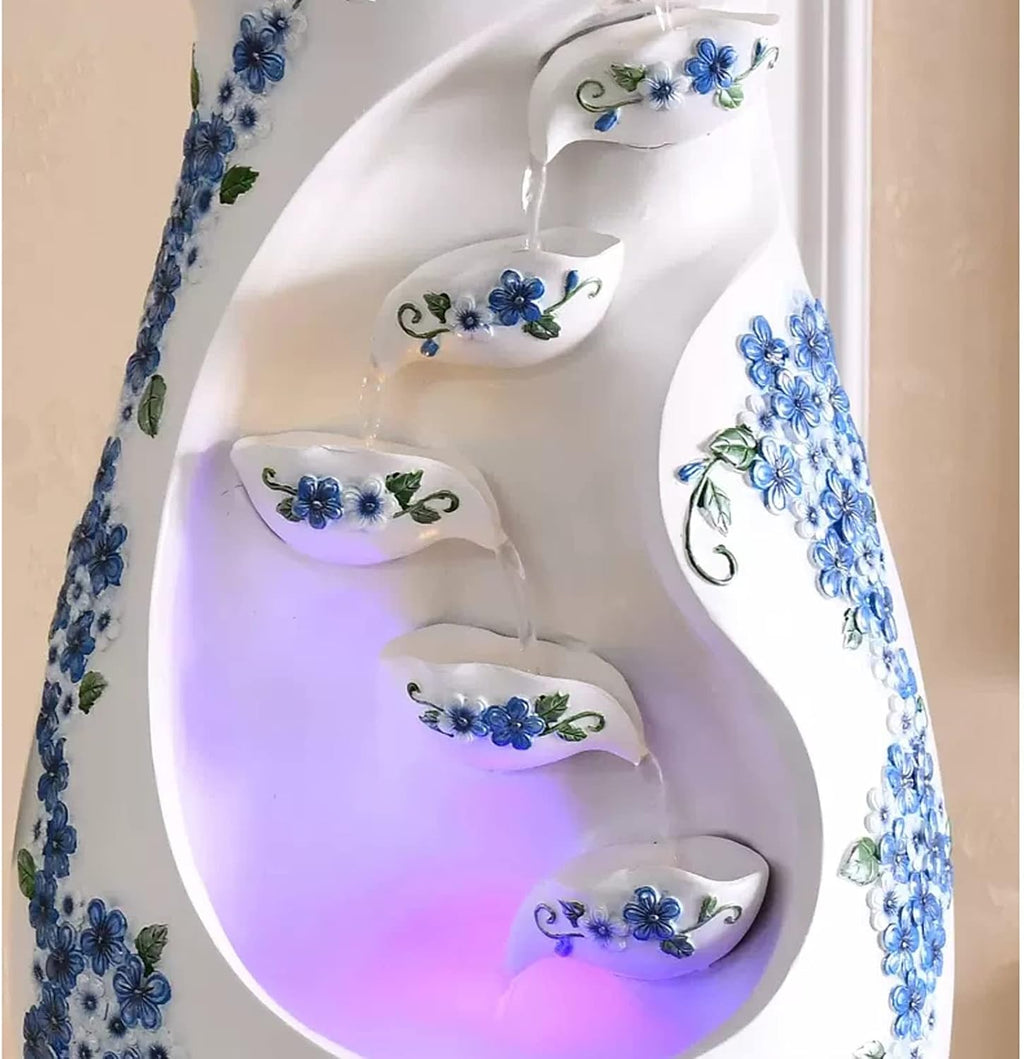 Tabletop Fountain Indoor Desktop Tabletop Water Fountain White Background Blue Flower Tiered Resin Vase Pitchers Elegant Interior Feature Decorative for Home and Office(Small)