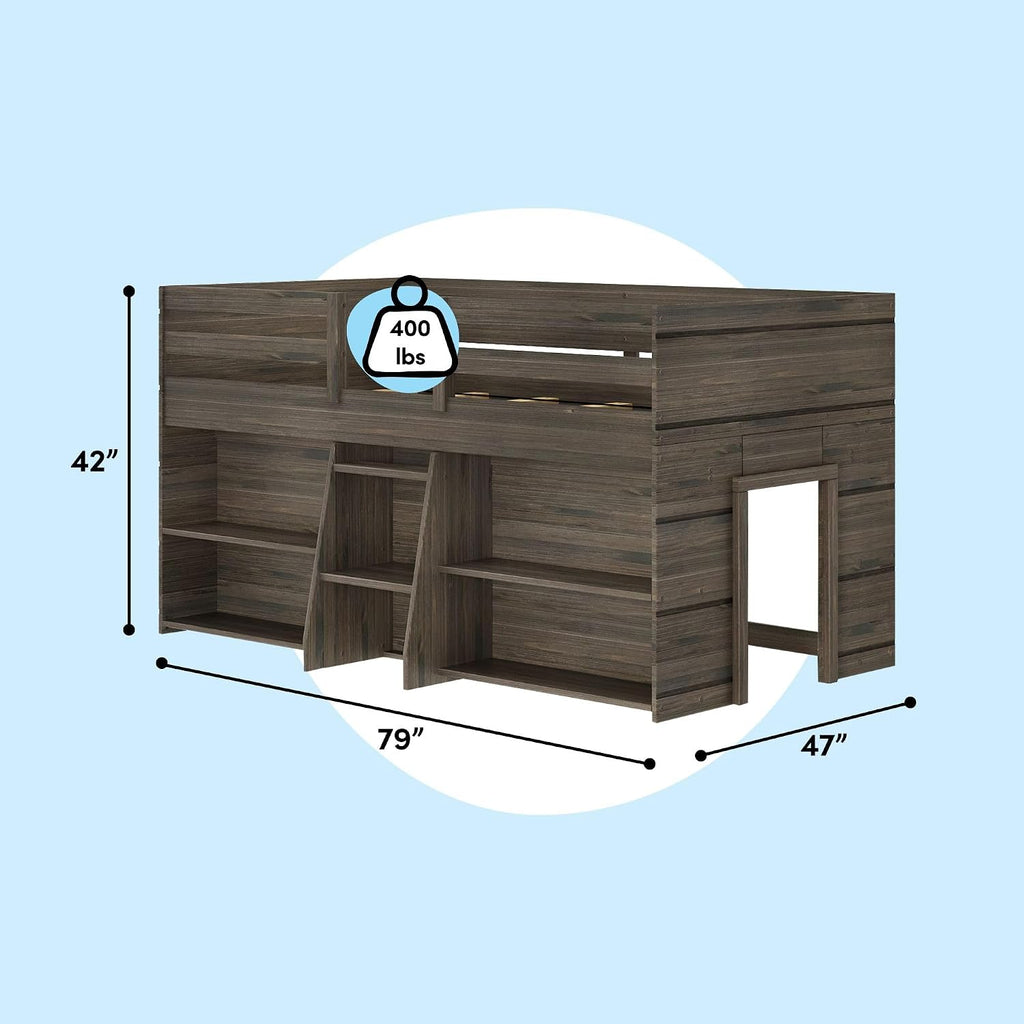 Max & Lily Modern Farmhouse Low Loft Bed, Twin Bed Frame for Kids with 2 Bookcases, Barnwood Brown