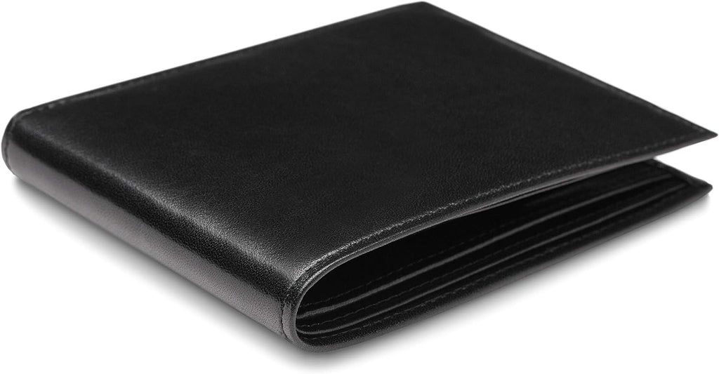 Bosca Men's Leather Wallet - RFID Security Lining - 8 Card Slots - Divided Currency Well - Full Grain Italian Leather with Glossy Finish - Black