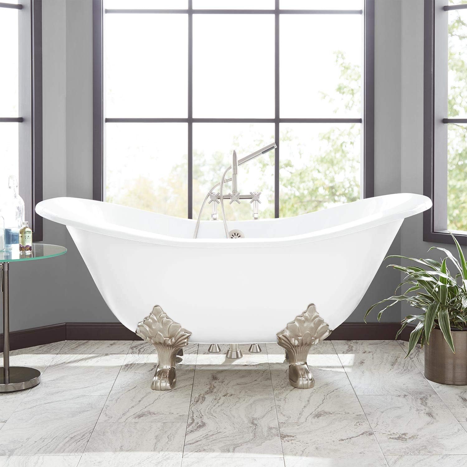 Signature Hardware 915546-72-RH-ND Arabella 72' Cast Iron Soaking Clawfoot Tub with Pre-Drilled Overflow Hole and 7' Rim Holes - Less Drain - White/Brushed Nickel Feet