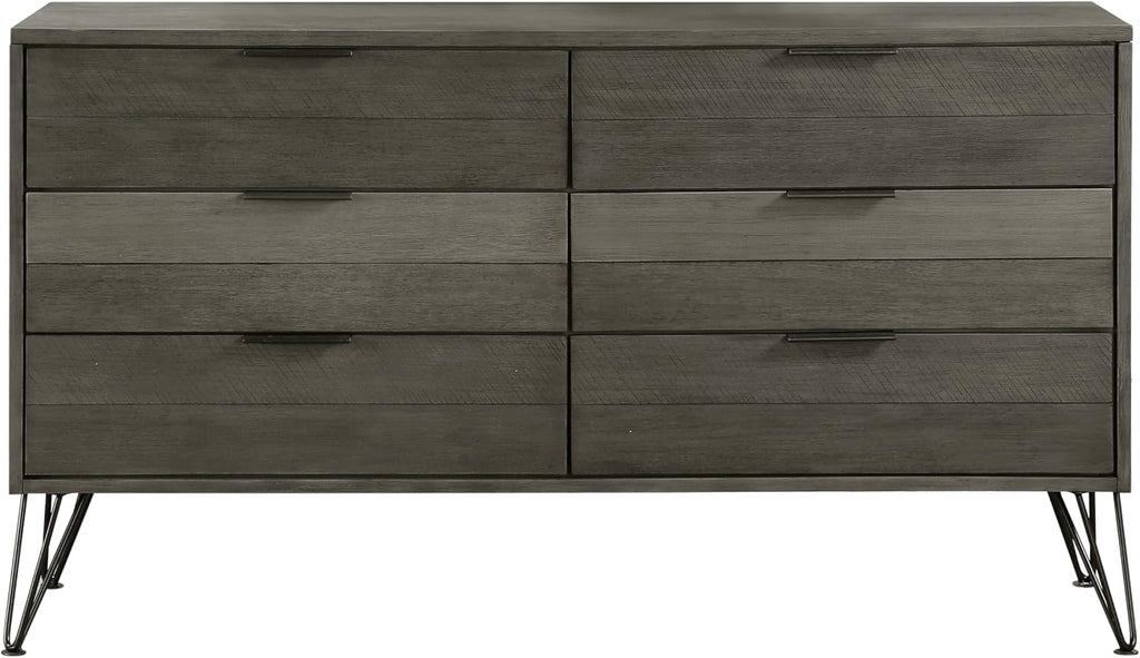 5-Piece Modern King Size Bed Set Panel Gray Finish Solid Acacia Wood Metal Legs Bedroom Furniture