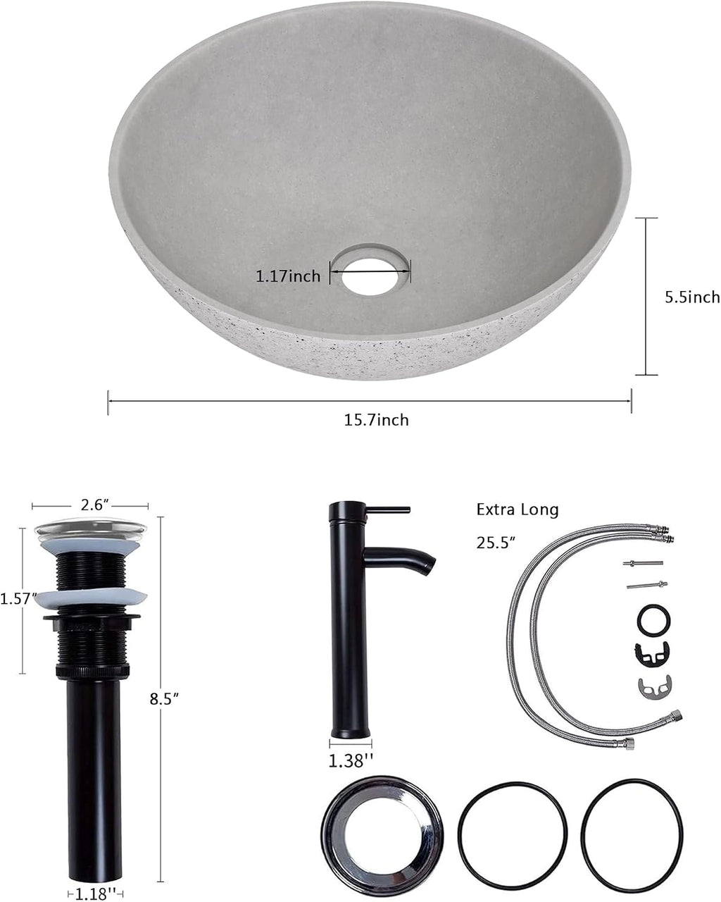 Design Vessel Sink Concrete Bathroom Sink above Counter Small Vessel Sink Bathroom Sink Bowl Countertop Modern Sinks with Faucet and Drain Combo 15.7' Round Gray
