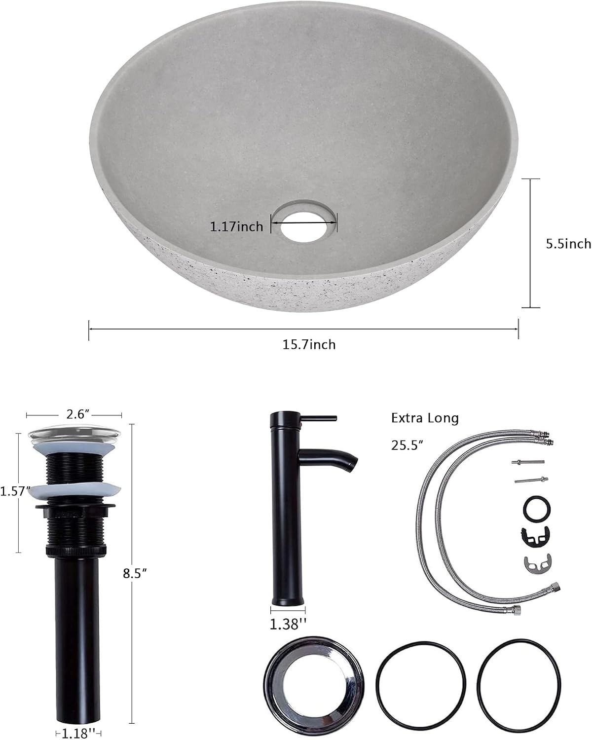 Design Vessel Sink Concrete Bathroom Sink above Counter Small Vessel Sink Bathroom Sink Bowl Countertop Modern Sinks with Faucet and Drain Combo 15.7' Round Gray