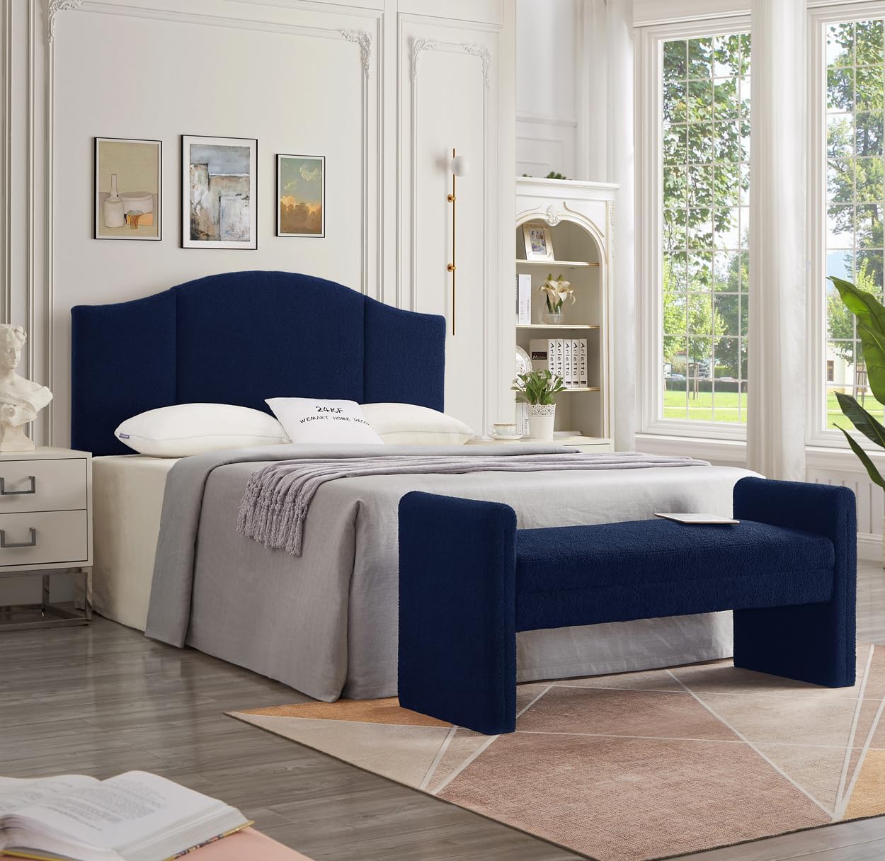 24KF Upholstered Soft Teddy Fabric Queen Headboard,Modern Wave-Like Top Edge Full Size Headboard, 6033-Q-Navy