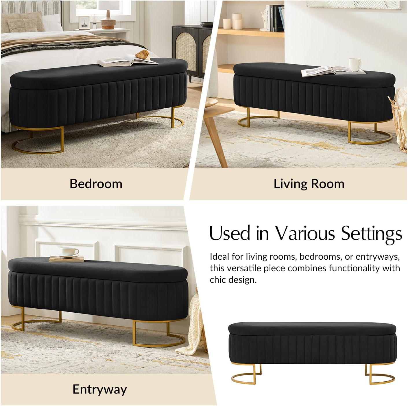 55.5' Velvet Upholstered Storage Bench with Channel Tufted Seat and Metal Legs, Multi-Functional Ottoman with Interior Organizer Pockets for Bedroom and Entryway, Flipping Lid Large Window Bench