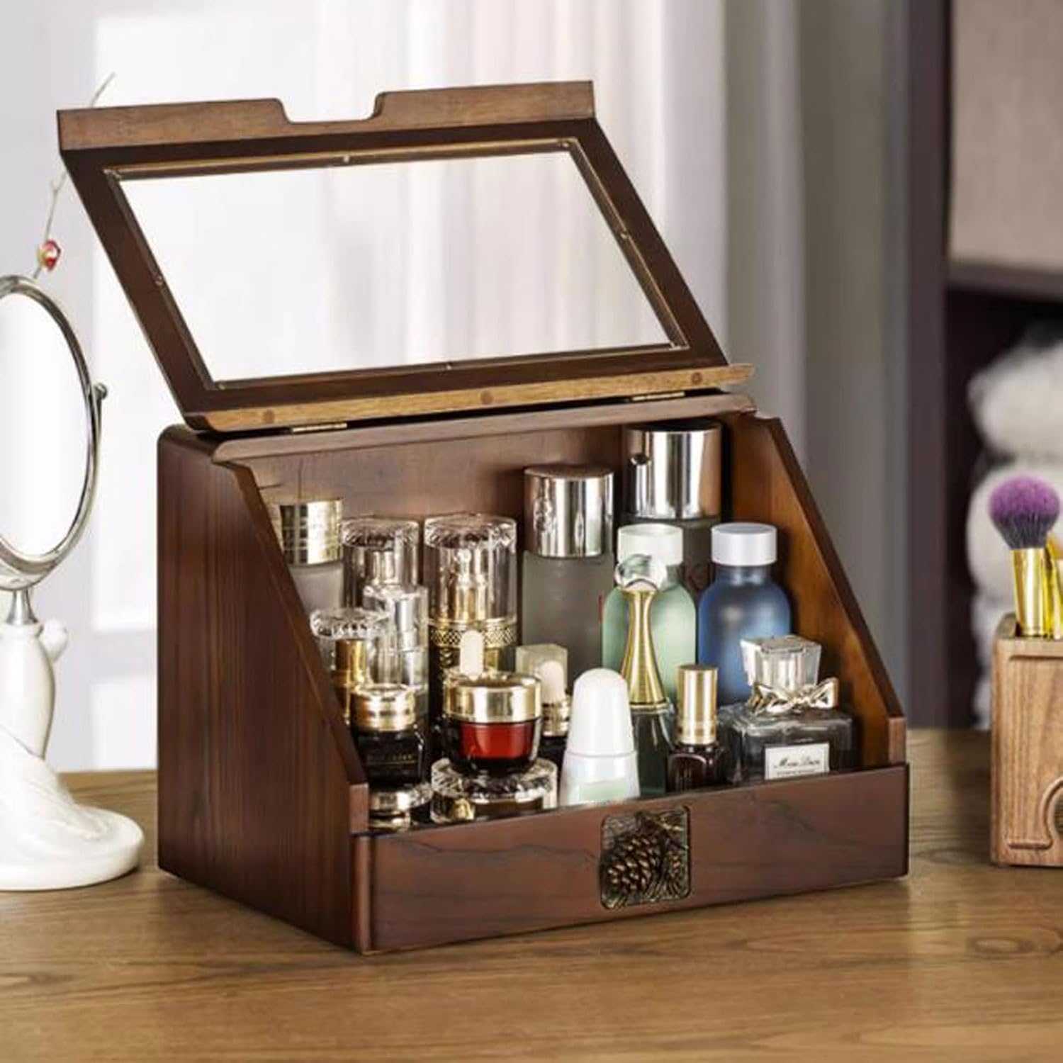 Makeup Storage Box Large Capacity Wood Makeup Organizer Box with Flip Lid and Drawers, Bathroom Organizer Countertop, Vanity Tray Corner Shelf for Makeup Cosmetic Perfume Skincare Bathroom Supplies Va