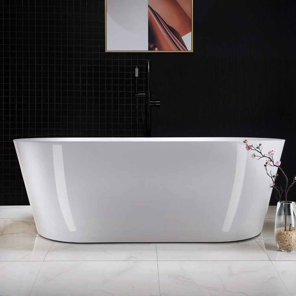 WOODBRIDGE 67' Acrylic Freestanding Bathtub Contemporary Soaking White Tub with Matte Black Overflow and Drain，B0013 -MB-Drain &O