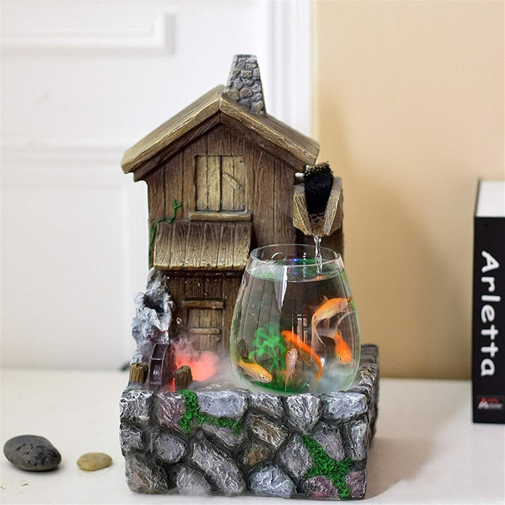 Transparent Fish Tank and Antique Cottage Fountain Waterfall Tabletop Water Feature Indoor Decoration Aquarium Humidifier Relaxesion Desktop Decorative Fountain(B)