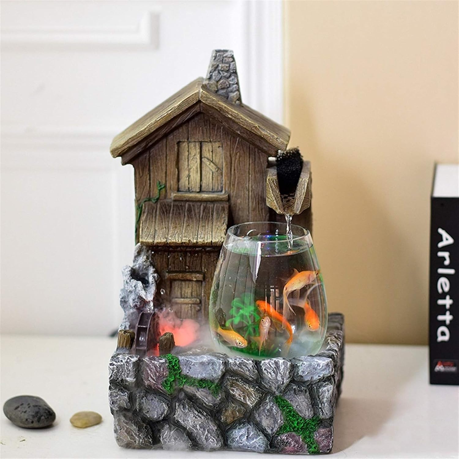 Transparent Fish Tank and Antique Cottage Fountain Waterfall Tabletop Water Feature Indoor Decoration Aquarium Humidifier Relaxesion Desktop Decorative Fountain(B)