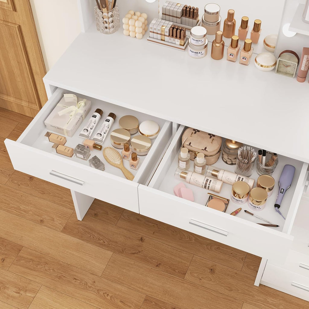 Quimoo 43.3' W Vanity Desk with Mirror and 9 LED Lights, Makeup Vanity with 6 Drawers, 6 Open Shelves, White Vanity for Women Girls, 43.3' W x 13.8' D x 54.3'