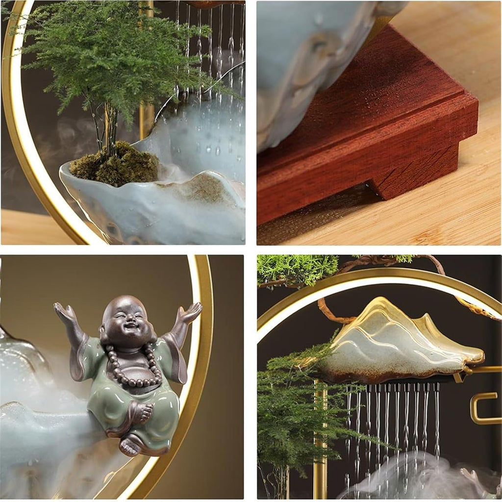 Tabletop Fountain Indoor Waterfall Fountain with LED Light and Incense Holder, Meditation Decoration for Home Office
