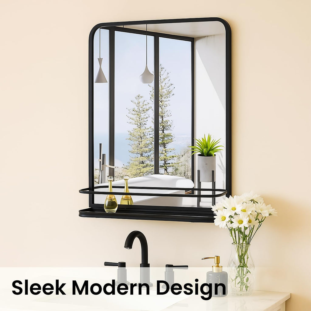 VASUHOME Black Bathroom Mirror with Shelf, 32'x22' Wall Mounted Vanity Mirror with Metal Frame & Rounded Corners, Storage Shelf for Bathroom, Bedroom, Living Room, Entryway