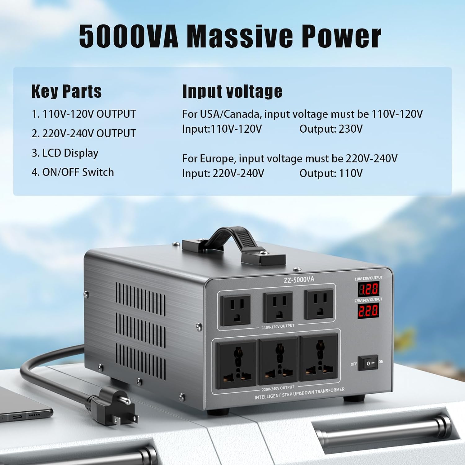 5000W Voltage Converter Transformer Step Up/Down 110V/120V to 220V/240V, Auto Voltage Recognition, Heavy Duty Power Converter with 6 Outlets, LCD Display & Circuit Breaker for Home, International Use
