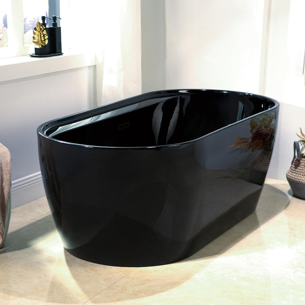 WOODBRIDGE 67' L x 31-1/2' W Freestanding Contemporary Acrylic Soaking Bathtub in Glossy Black Inside and Outside with Oil-Rubbed Bronze Drain & Overflow,B8863-ORB