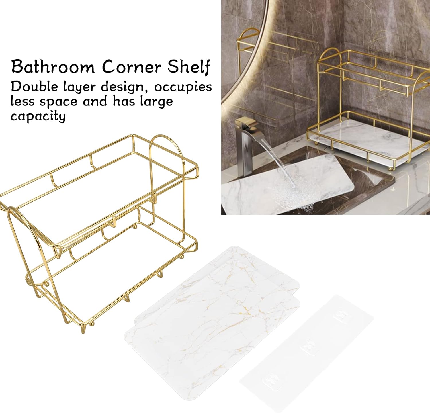 Bathroom Accessory, 2 Tiers Gold Bathroom Countertop Rack Metal Storage Shelf Bathroom Corner Shelf Bathroom Countertop Rack Bathroom Container for Home Hotel Gold