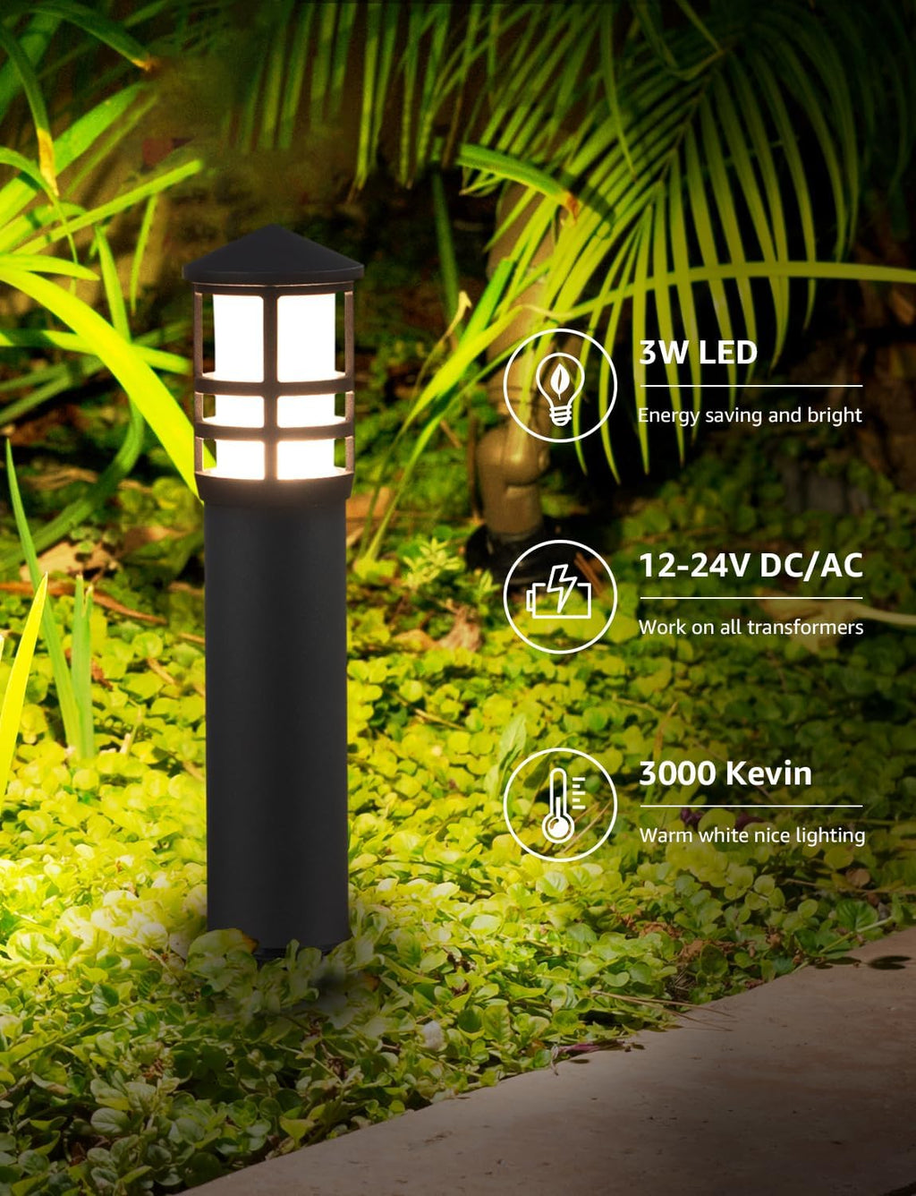 SUNVIE 12-Pack Low Voltage Landscape Pathway Lights 3W Outdoor Landscape Lighting 3000K 12-24V LED Bollard Path Lights Wired CRI 90+ Aluminum Pathway Lighting for Walkway Yard Garden, ETL Listed Cord