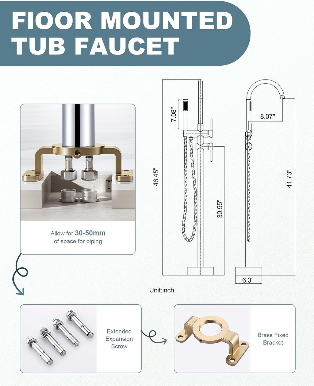 Freestanding Tub Filler Faucet Chrome: High Flow Brass Floor Mount Bathtub Filler, Swivel Gooseneck Spout with Single Handheld Sprayer for Bath Shower