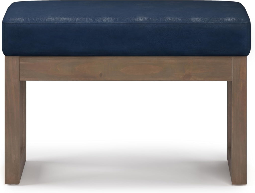 SIMPLIHOME Milltown Small Ottoman Bench - 27' Wide x 18' High Upholstered Vegan Leather Rectangle Footstool Ottoman in Distressed Dark Blue, Contemporary Bench with Cushioned Seat, Assembled