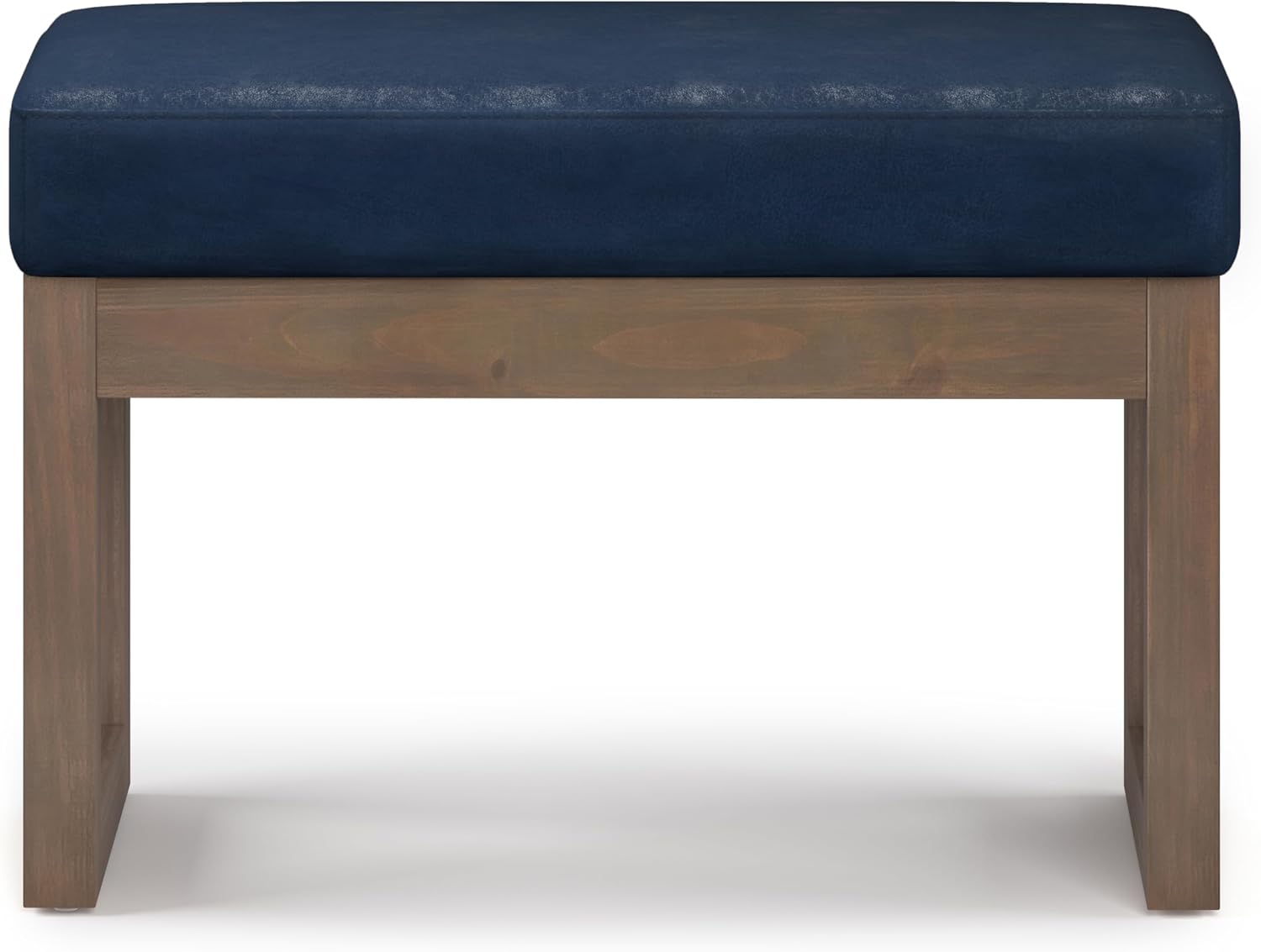 SIMPLIHOME Milltown Small Ottoman Bench - 27' Wide x 18' High Upholstered Vegan Leather Rectangle Footstool Ottoman in Distressed Dark Blue, Contemporary Bench with Cushioned Seat, Assembled