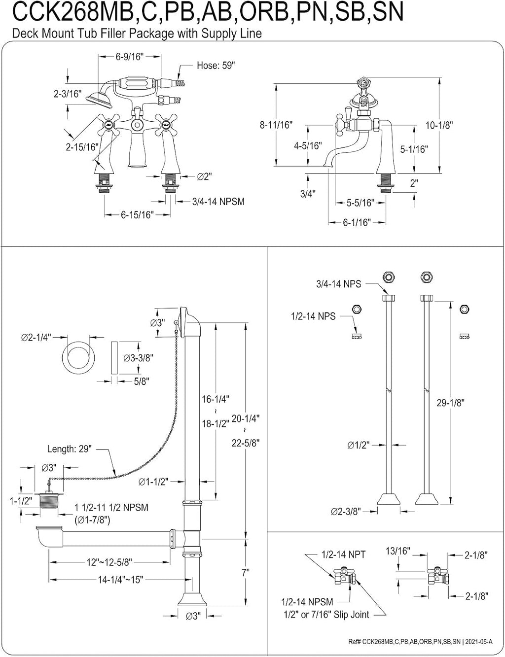 Kingston Brass CCK268ORB Vintage Deck Mount Clawfoot Tub Faucet Package, Oil Rubbed Bronze