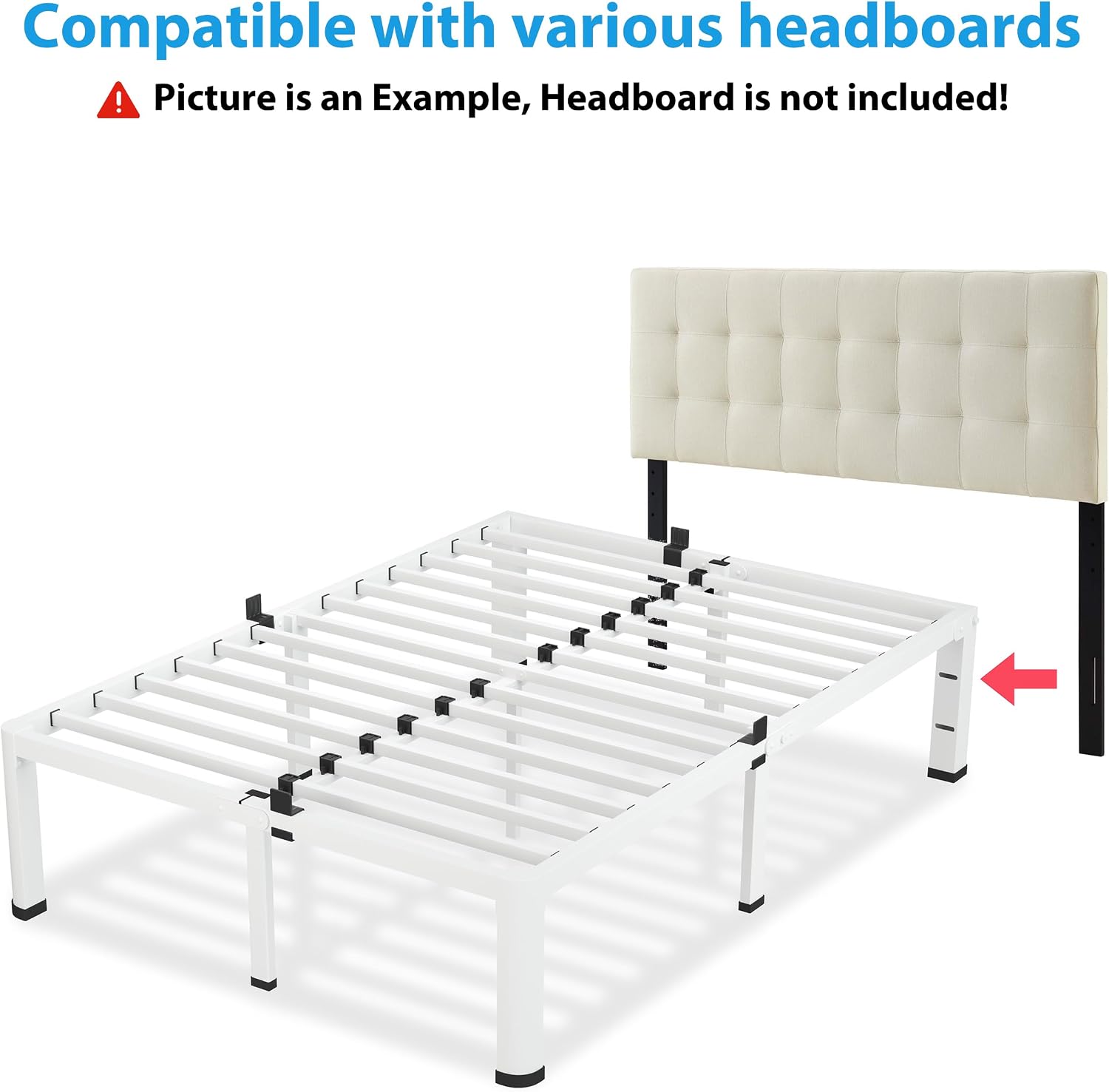 VIPSHOW 18 Inch Queen Size White Bed Frame, 3500Lbs Heavy Duty Metal Platform with Round Corner Legs Mattress Slide Stopper, Steel Slat Support No Box Spring Needed, Noise Free, Easy Assembly
