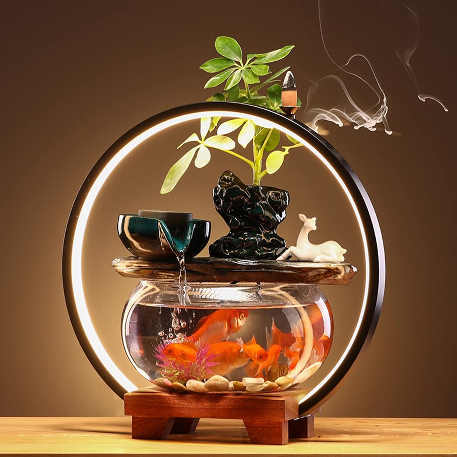 Indoor Fountain/Water Fountain Indoor Relaxation Desktop Ceramic Tabletop Fountain with Glass Fish Tank, Wooden Base and Led Light, Indoor Zen Desktop Relaxin,Grey