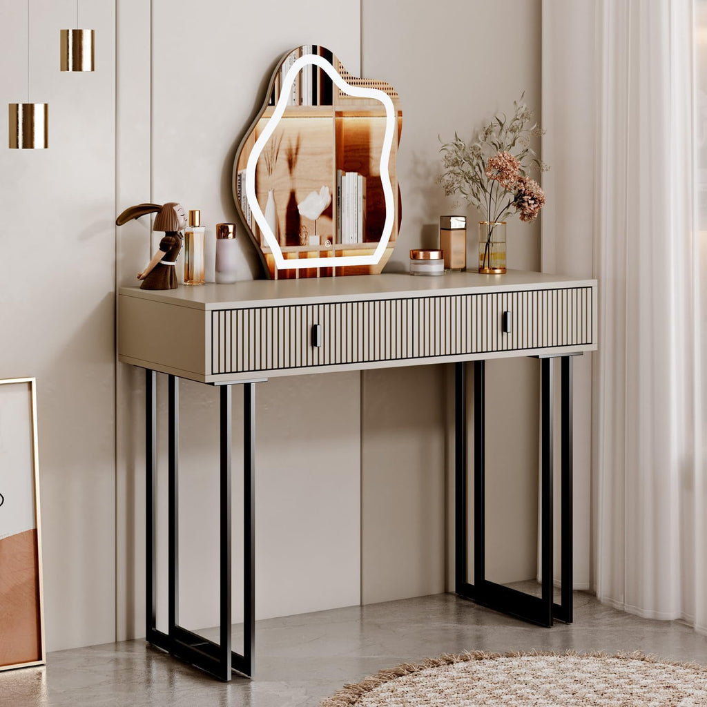 Ieejdn Morandi Gray Vanity Desk with Mirror and Lights,Small Makeup Vanity with 2 Drawers，Modern Makeup Table with Adjustable Cabinet for Bedroom,Makeup Room