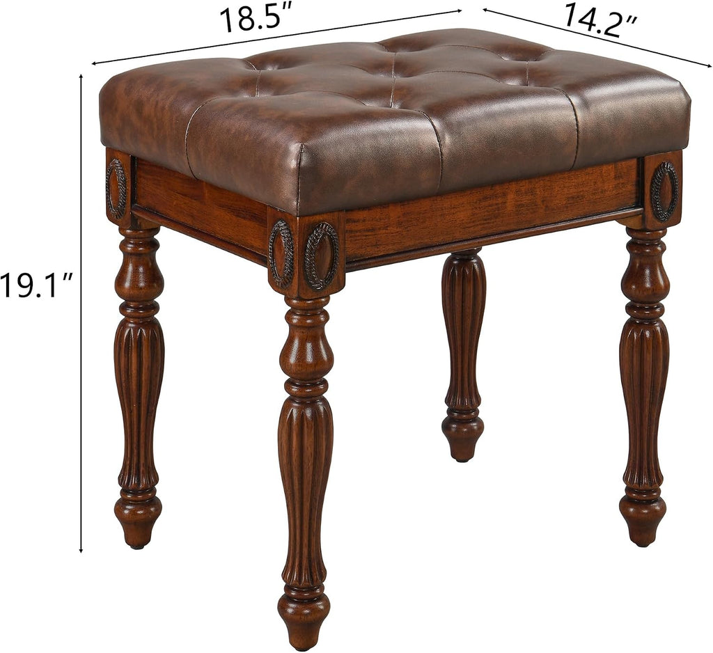 Solid Wood Vanity Bench Stool with Upholstered, Mid-Century Piano Bench with Carved Legs, Makeup Dressing Stools with Button Seat, No-Tools Assembly,18.5'L x 14.2'W x 19.1'H Brown FD-1533-BN