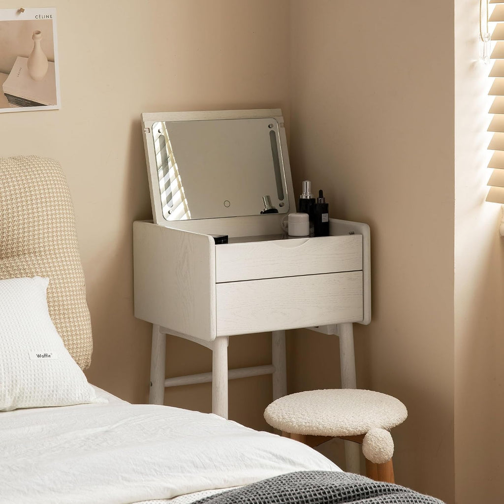 YESWOOD Small Vanity Desk with LED Mirror, Solid Oak Wood Flip-top Design Dressing Table, Vintage Dressing Table Vanity Desk for Corner, White, 20' D x 18.5' W x 32' H