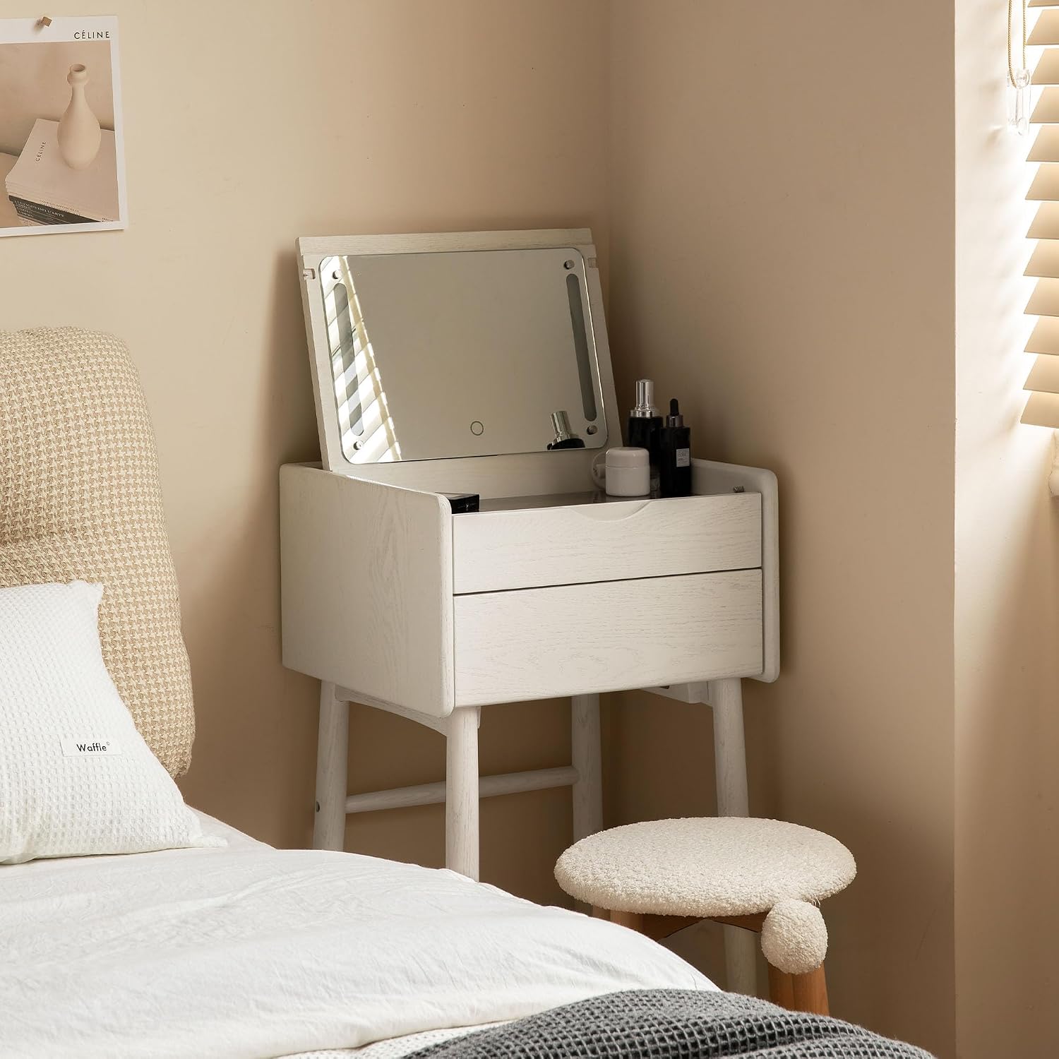 YESWOOD Small Vanity Desk with LED Mirror, Solid Oak Wood Flip-top Design Dressing Table, Vintage Dressing Table Vanity Desk for Corner, White, 20' D x 18.5' W x 32' H