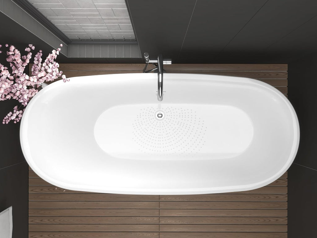 ANZZI Freestanding Bathtub 67 in Acrylic Glossy White Flat Bottom Soaking Tub, Ami Series One-Piece, Center Drain, Polished Chrome Overflow, Slip-Resistant Floor, Leveling Adjustable Feet | FT-AZ401