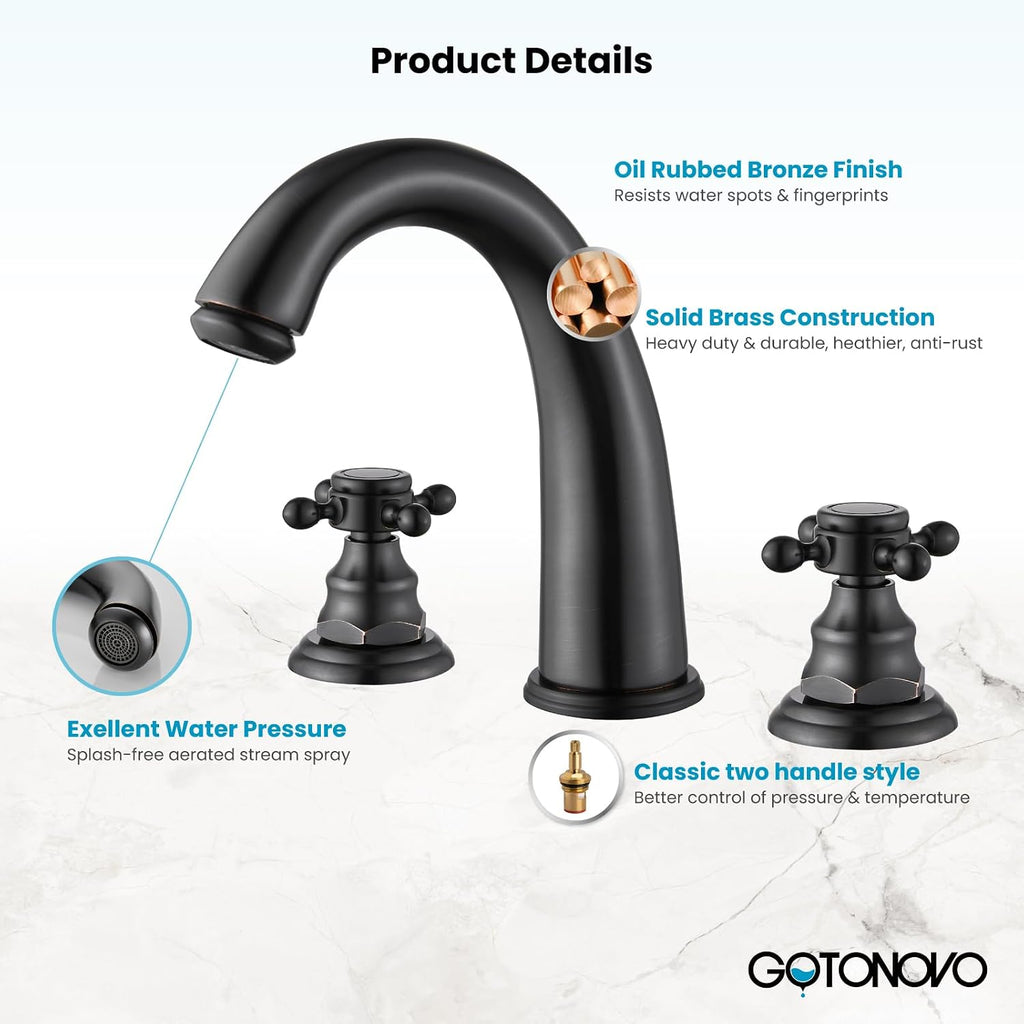 gotonovo Oil Rubbed Bronze Rain Shower System 2 Knobs 8 Inch Rainfall Shower Head with 3 Hole Widespread Bathroom Faucet 8 inch Chrome Polished 2 Cross Handle Pop Up Drain with Overflow