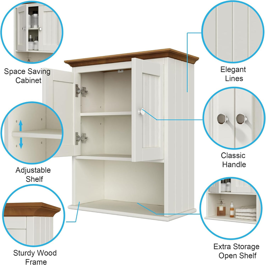 Treocho Wood Wall Cabinet, Bathroom Medicine Cabinet Storage with Doors and Adjustable Shelf, Rustic Cabinet Wall Mounted for Bathroom, Living Room, Kitchen, White & Brown