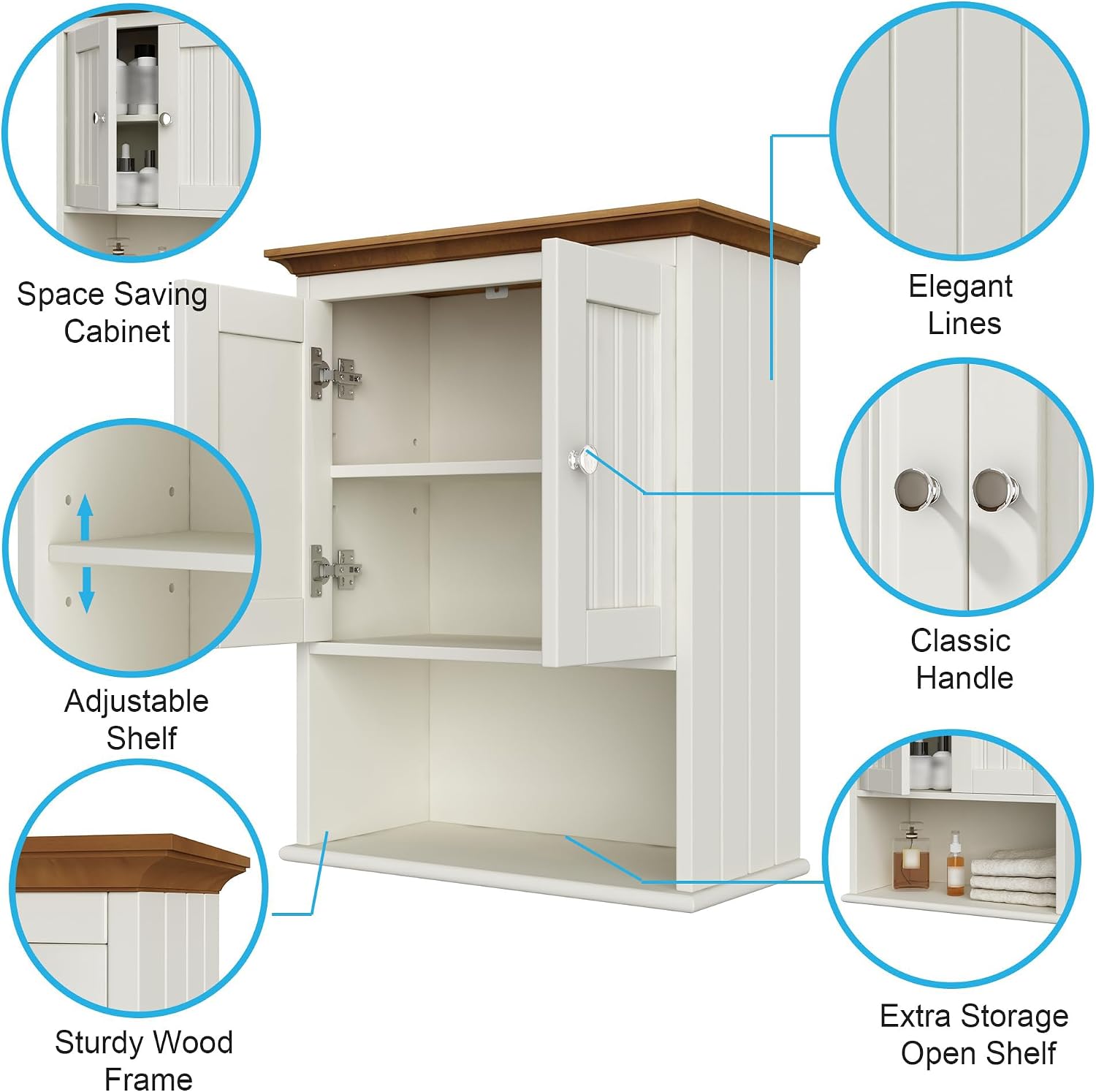 Treocho Wood Wall Cabinet, Bathroom Medicine Cabinet Storage with Doors and Adjustable Shelf, Rustic Cabinet Wall Mounted for Bathroom, Living Room, Kitchen, White & Brown